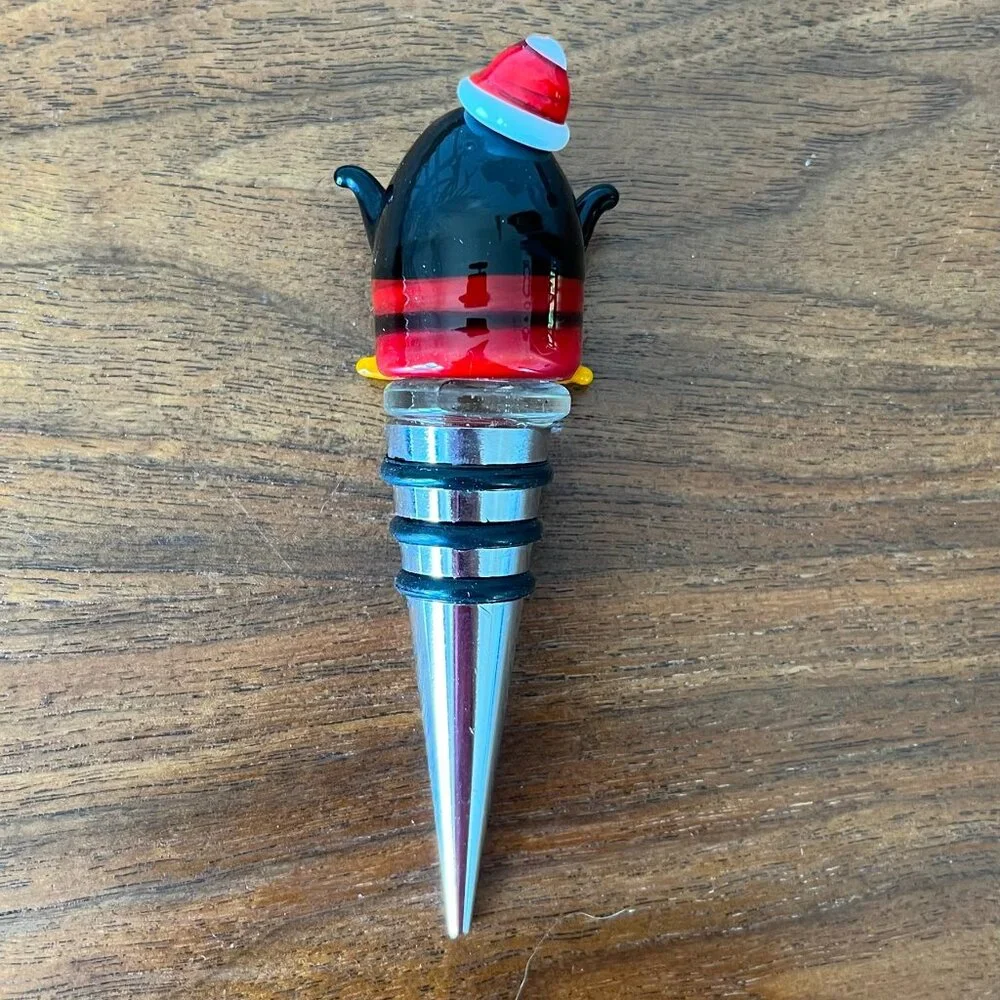 Pier 1 Glass Penguin Wine Bottle Stopper Christmas Santa Hat White Elephant Gift